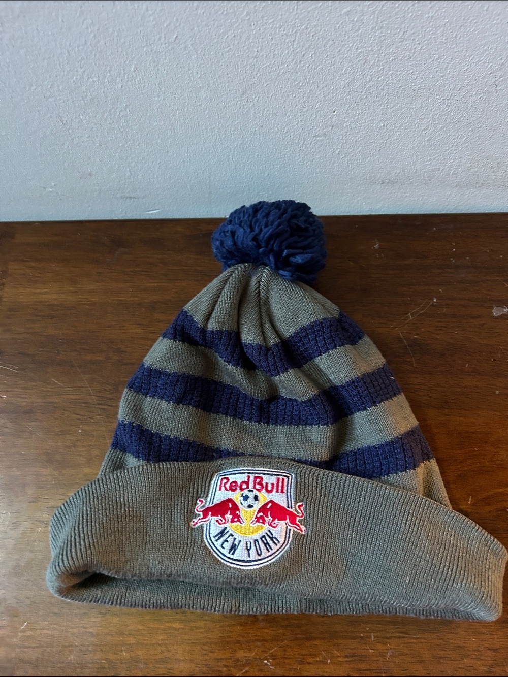adidas Grey and Navy Striped Pom Knit Beanie